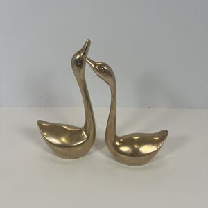Brass Ducks/ Swans /Birds Paperweight MCM VTG Figurine Set Of 2  5-5/8” & 5-1/8”